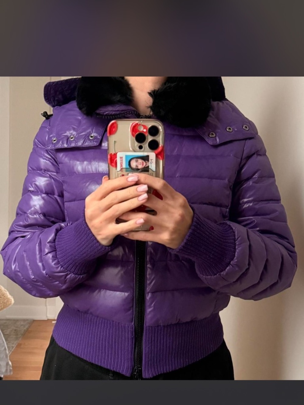 United Colors Of Benetton Shiny Purple Cropped Puffer Jacket with Black Collar